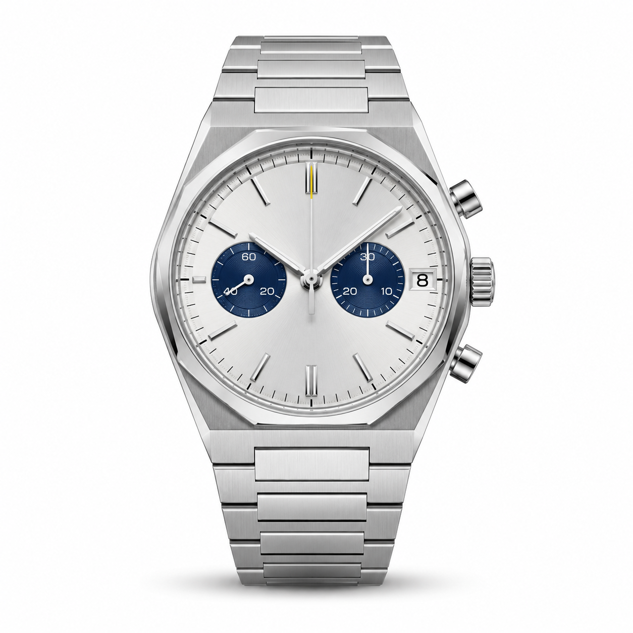 Edelstahl-Chronograph mit blauen Details